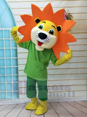 Lion jaune Mascotte Costume Animal en vêtements verts